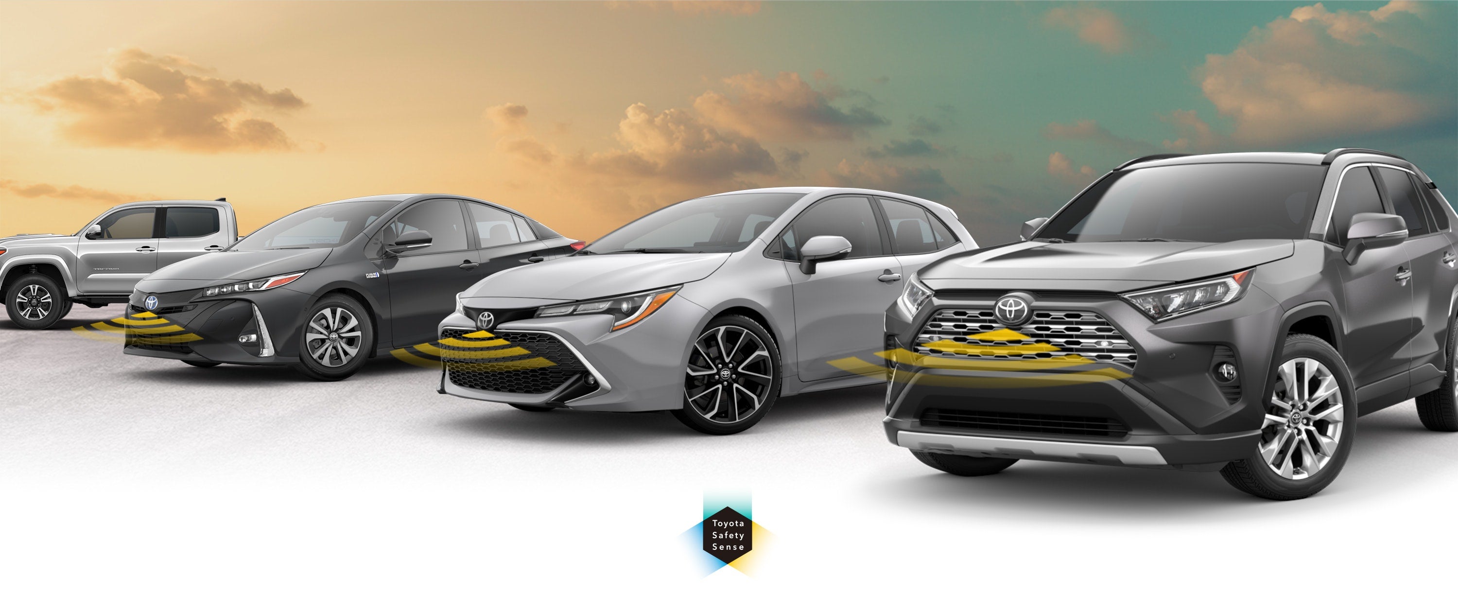 Toyota Safety Sense: Designed for Safety. Options shown on Toyota models including RAV4, Tacoma, and Camry, available now at ToyotaDG Demo - COSMOS in Derwood MD.